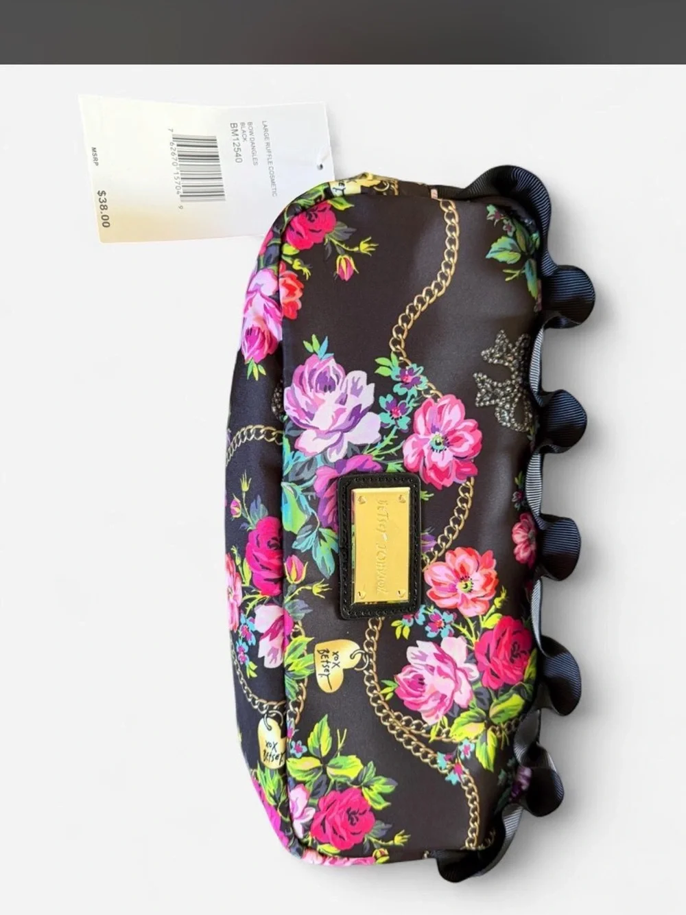 Betsey Johnson Black Floral Chain-Accent Cosmetic Case